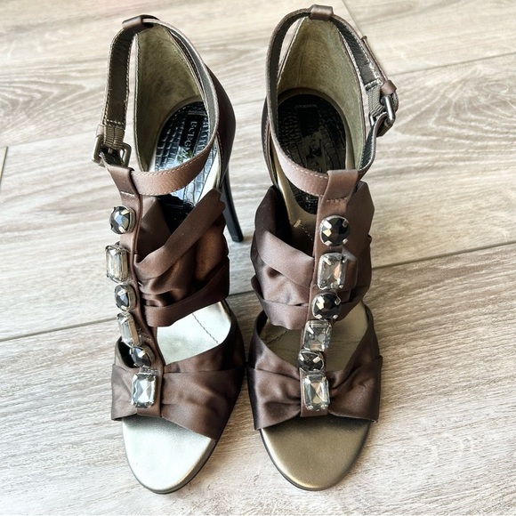 BCBGMAXAZRIA Brown Satin Jeweled Upper Strappy Sandals - Picture 3 of 14